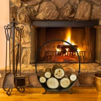 Outsunny 16" Firewood Log Rack Curved Fireplace Log Holder Wood Storage Basket Carrier with Flexible Handle, for Outdoor and Indoor Use, Black(m-8)