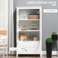 HOMCOM Kitchen Pantry Cabinet, Freestanding Storage Cabinet with 3-tier Shelves, 2 Drawers and Glass Doors, White(m-4)