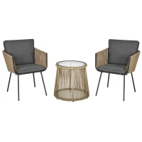 Outsunny 3 Pieces Wicker Patio Furniture Set, Rattan Bistro Set with Coffee Table and Cushions, Outdoor Conversation Set for Garden, Porch, Balcony, Grey(m-2)