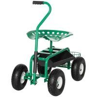 Outsunny Garden Scooter, Rolling Cart with Swivel and Adjustable Seat, Tool Tray, Bucket Basket, Green and Black(m-2)