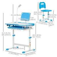 Qaba Kids Desk and Chair Set Height Adjustable Student Writing Desk Children School Study Table with Tilt Desktop, LED Lamp, Pen Box, Drawer, Reading Board, Cup Holder, Blue(m-3)