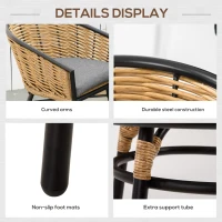 Outsunny 3 Piece Patio Set, Outdoor Bistro Furniture, PE Rattan Wicker Table and Chairs, Cushioned, Barrel Style, Gray(m-5)