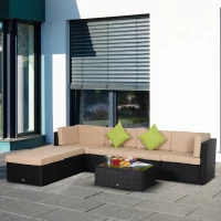 Outsunny 7pcs Wicker Rattan Sectional Set Outdoor Patio Sofa Table Footstools Set Garden Furniture with Cushions, Khaki(m-8)