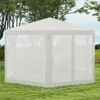 Outsunny Φ13' Hexagon Party Tent Patio Gazebo Outdoor Activity Event Canopy Quick Sun Shelter Pavilion with Netting Mesh Sidewall Cream White(m-7)