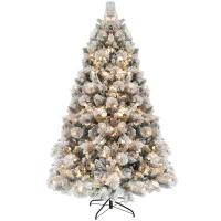 HOMCOM 6.5 ft Prelit Flocked Artificial Christmas Tree with 350 Clear Lights, 1107 Tips, Metal Stand for Home Office Holiday(m-1)