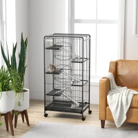 PawHut Rolling Small Animal Cage 51.6" Pet Rabbit Ferret Playpen, Animal Supply Kit Metal Black for Bunny, Pet Mink, Chinchilla(m-1)