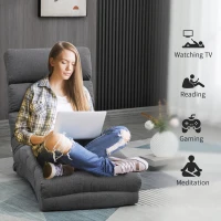 HOMCOM Folding Floor Chair with Back Support for Adult, 9-Position Lazy Sofa Chair with Adjustable Back, Backrest and Footrest for Reading, Gaming, Meditation, Soft Cushioned, Grey(m-7)