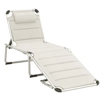 Outsunny Folding Lounge Chair Outdoor 5-Level Reclining Chaise Lounge Chair Outdoor Camping Tanning Chair with Aluminum Frame, Padding, and Headrest for Beach, Yard, Patio, Pool, White(m-11)