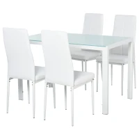 HOMCOM 5-Piece Rectangular Glass Kitchen Table and Chairs with Metal Frame and Faux Leather Upholstery for Dining Room, White(m-2)