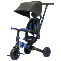 Qaba 3-in-1 Toddler Trike, Push Tricycle, & Balance Bike with Adjustable Settings, Toddler Push Bike, Baby Bike with Shady Canopy, Ages 1.5-4, Blue(m-11)