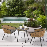 Outsunny 3 Piece Patio Set, Outdoor Bistro Furniture, PE Rattan Wicker Table and Chairs, Cushioned, Barrel Style, Gray(m-10)