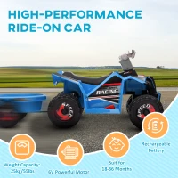 Aosom 6V Kids ATV Quad, Battery Powered Electric Vehicle for Kids with Back Trailer, Wear-resistant Wheels, for Boys and Girls - Blue(m-6)