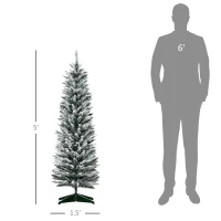 HOMCOM 5' Snow Flocked Artificial Pencil Christmas Tree, Slim Xmas Tree with Realistic Branches and Plastic Base Stand for Indoor Decoration, Green(m-3)