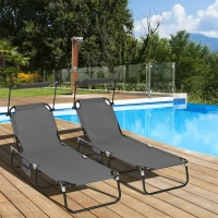 Outsunny 2 Piece Folding Outdoor Chaise Lounges, Pool Tanning Chairs with Reclining Back, Sunshade for Beach, Patio, Dark Grey(m-8)