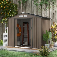 Outsunny 7' x 4' x 6' Garden Storage Shed Outdoor Patio Metal Tool Storage House w/ Foundation Kit and Double Doors Brown(m-2)
