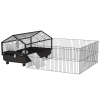 PawHut Metal Small Animal Cage, Rabbit Cage for Guinea Pig, Chinchilla, Hedgehog, Bunny with Removable Wheels and Foldable Detachable Run Fence 47.2" L x 66.9" W x 24.4"H(m-11)