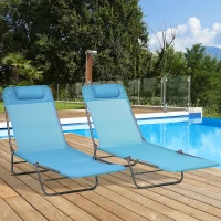 Outsunny 2 Piece Folding Chaise Lounge Chairs, Pool Sun Tanning Chairs with Reclining Back, Breathable Mesh Seat, Headrest for Beach, Yard, Patio, Blue(m-10)