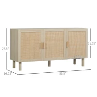 HOMCOM Boho Kitchen Cabinet, Buffet Cabinet with 3 Rattan Doors and Adjustable Shelves for Dining Room, Natural(m-3)