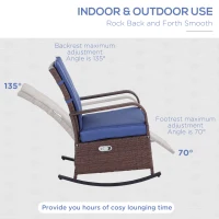 Outsunny Outdoor Wicker Rocking Chair with Cushion, Patio PE Rattan Recliner Chair with Adjustable Footrest, Armrests, Dark Blue(m-5)