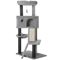 PawHut 47" Cat Tree for Indoor Cats, Kitty Activity Center, Cat Tower with Cat Ear Bed Ramp Condo Hammock Hanging Ball Toys Sisal Rope Scratching Post, Light Grey(m-11)