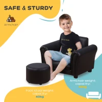 Qaba Kids Sofa Set with Footstool, Upholstered Armchair for Kids 18M+, Baby Sofa for Playroom, Children's Bedroom, Nursery Room, Black(m-5)