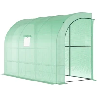 Outsunny Walk-in Wall Lean-to Greenhouse, 10' x 5' x 7' Outdoor Gardening Green House with PE Cover, Windows, Shelves and 2 Zipper Doors, Green(m-2)