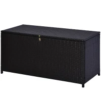 Outsunny Wicker Outdoor Storage Box, 75 Gallon Deck Box with Gas Strut and Clamp Lid, Rattan Patio Storage Container for Gardening Tools, Pool Supplies, Dark Brown(m-11)