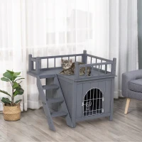 PawHut 2-Story Pet House for Cats Miniature Sized Dogs, Wooden Kitten Shelter with Enclosure, Balcony, Lockable Gate, Stairs, Grey(m-1)