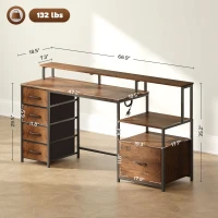HOMCOM Computer Desk with Power Outlets and LED Lights, 67" Computer Table with File Cabinet and Fabric Drawers, Rustic Brown(m-3)
