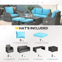 Outsunny 6 Pieces Patio Furniture Set, Conversation Set Wicker Sectional Set Cushioned Outdoor Rattan 3-Seat Sofa, 2 Adjustable Recliners, 2 Footstools & Table Set for Lawn Garden Backyard, Sky Blue(m-7)