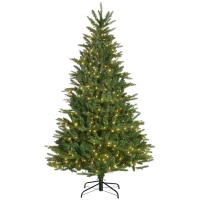 HOMCOM 6' Pre Lit Artificial Flocked Christmas Trees, with Warm Yellow Clear Lights, Auto Open, Wide Shape, Extra Bulb(m-11)