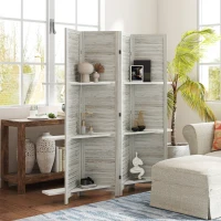 HOMCOM 4 Panel 67" Tall Wood Privacy Screen Room Divider with 3 Shelves and Folding Storage for Bedroom, Distressed White(m-10)
