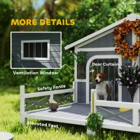 PawHut 59"x64"x39" Wood Dog House Outdoor Cabin-Style Elevated Pet Shelter with Porch Deck, Grey(m-7)