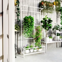 Outsunny Metal Tall Plant Stand with Trellis and Hanging Bar, Plant Holder for Indoor Outdoor Use, 35" x 12.8" x 74", White(m-10)