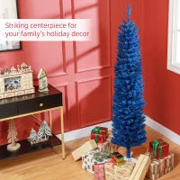 HOMCOM 7' Pencil Christmas Tree, Slim Artificial Xmas Tree with Realistic Branches, Sturdy Metal Stand, Deep Blue(m-4)