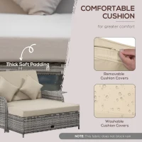 Outsunny Patio Rattan Daybed with Cushions, Wicker Outdoor Bed Lounger w/ Loveseat, Storage Ottoman, Coffee & Side Tables, for Poolside, Porch, Backyard, Gray(m-7)