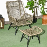 Outsunny 2 PCs PE Rattan Leisure Chair Set, Outdoor Reclining Patio Chair and Footrest w/ Adjustable Backrest & Cushion, Khaki(m-7)