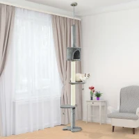 PawHut 4-Tier Floor to Ceiling Cat Tree, Tall Cat Tower with Scratching Post, Plush Padding, Toy Ball, Cat Condo for Indoor Cats, Light Grey(m-1)