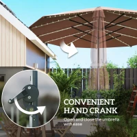 Outsunny 15ft Double-Sided Outdoor Umbrella with Solar Lights, UPF50+ Extra Large Aluminum Patio Umbrella with Crank, Tan(m-7)