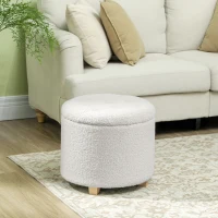 HOMCOM 18" Round Ottoman with Storage, Teddy Fleece Button Tufted Foot Stool with Lid, Wood Legs for Living Room Hallway, White(m-2)