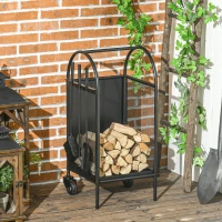 Outsunny 15" Outdoor Firewood Rack with Wheels and Tools, Heavy Duty Wood Storage Stacker, Indoor Outdoor Log Rack, Black(m-1)