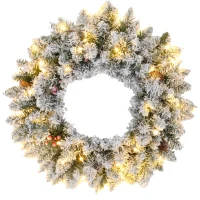 HOMCOM 24" Christmas Front Door Wreath with Lights Flocked Christmas Wreath with Pine Cones and Berries for Windows Green(m-2)