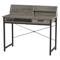 HOMCOM Industrial Computer Desk with Drawer and Open Shelves, Writing Table with Hutch for Home Office, Grey(m-2)