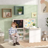 Qaba 3 in 1 Kids Table and Chair Set with Foldable Easel, Storage Shelves, Roll Paper, White(m-1)