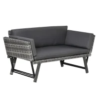 Outsunny Convertible Wicker Loveseat Grey Patio Chaise Lounge(m-2)