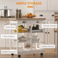 HOMCOM Rolling Kitchen Island Trolley Serving Cart Wheeled Storage Cabinet w/ Basket Shelves and Drawers White(m-4)