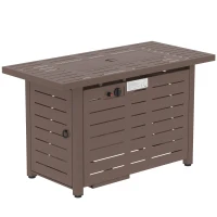 Outsunny 42 Inch Outdoor Propane Gas Fire Pit Table, 50,000 BTU Auto-Ignition Rectangular Gas Firepit with Slat Tabletop, Lid, Lava Rocks, Rain Cover, CSA Certification, Brown(m-11)