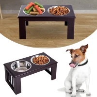 PawHut 10" Height Dog Feeding Station for Messy Pets, Stainless Steel Elevated Dog Bowls with Modern Wooden Frame, Dog Food Stand Pet Feeding Station, Dark Brown(m-10)