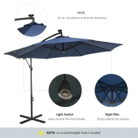 Outsunny 10ft Outdoor Cantilever Umbrella with Solar Lights Banana Umbrella with Adjustable Angle for Patio Backyard Navy Blue(m-7)