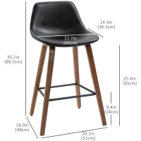 HOMCOM Counter Height Bar stools Set of 2 Mid-Back PU Leather Bar Chairs with Wood Legs, Black(m-3)